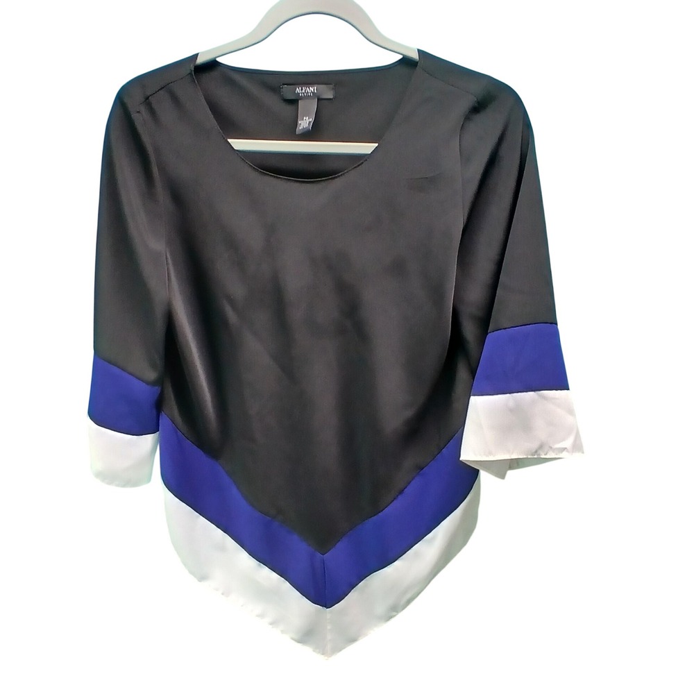 Alfani Blouse PS Black Blue White Colorblock Chevron Handkerchief Hem Petite